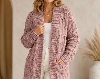 Chunky Crochet Cardigan Pattern PDF, Textured Cable Coatigan, Women's Bulky Yarn Sweater