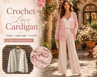 Crochet Lace Cardigan Pattern PDF, Women’s Open Front Boho Crochet Sweater, Lightweight Layering Top