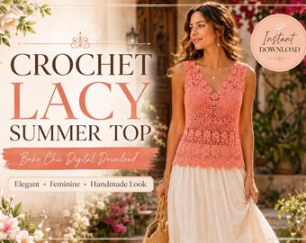 Crochet Lacy Summer Top Pattern, Boho V Neck Tank, Feminine Sleeveless Blouse (Digital Download)