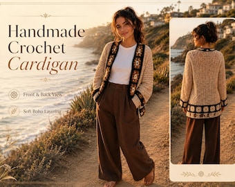 Granny Square Boho Floral Top Crochet Cardigan Sweater Pattern PDF,  Digital Download