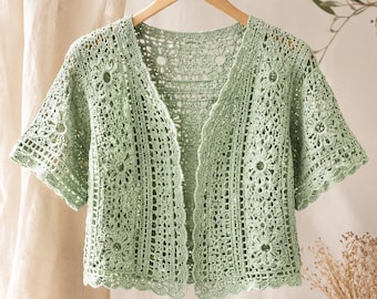 Crochet Lace Cardigan PDF Pattern, Short Sleeve Summer Boho Top (Digital Download)