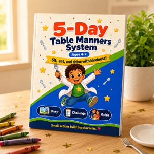 May include: A hardcover book titled 5-Day Table Manners System for ages 4-7. The cover features a cartoon child in a white coat holding a fork, surrounded by stars and cutlery icons. Text includes Sit, eat, and shine with kindness and Small actions build big character.