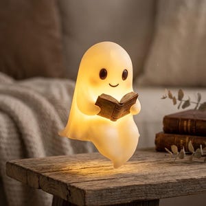 Peut inclure: Lampe en forme de fantôme souriant, tenant un livre ouvert. La lampe émet une lumière douce et chaleureuse. Le fantôme est de couleur blanche et possède de grands yeux noirs. Idéal pour une chambre d'enfant.