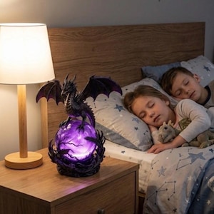 Draklampa Kristallkula Nattlampa, Gotisk Drakestaty LED Stämningslampa, Fantasy Heminredning Gåva, Medeltida Drakeskulptur Lila Ljus