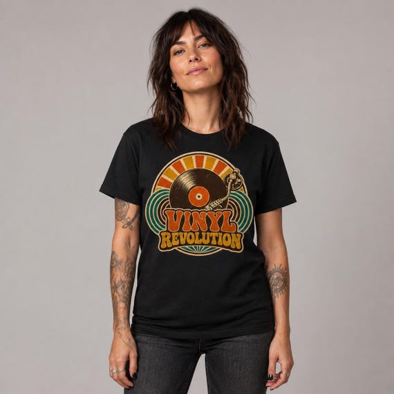Vinyl Record T-Shirt, Retro Turntable Graphic, Distressed 70s Music Design