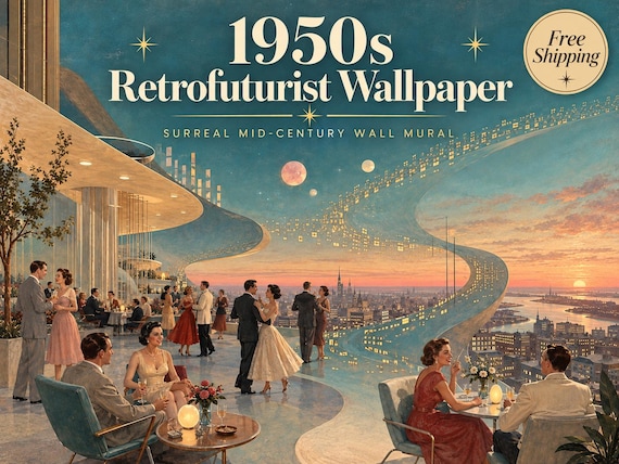 1950s Retrofuturist Wallpaper, Surreal City Mural, Atomic Age Lounge Decor