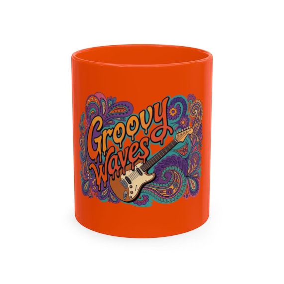 Groovy Waves Psychedelic Guitar Mug, Retro 70s Music Gift, Vintage Rock Coffee Cup