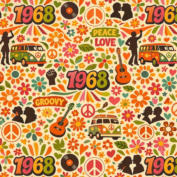 1968 Groovy Peace Love Van Wallpaper – Retro Floral Pattern