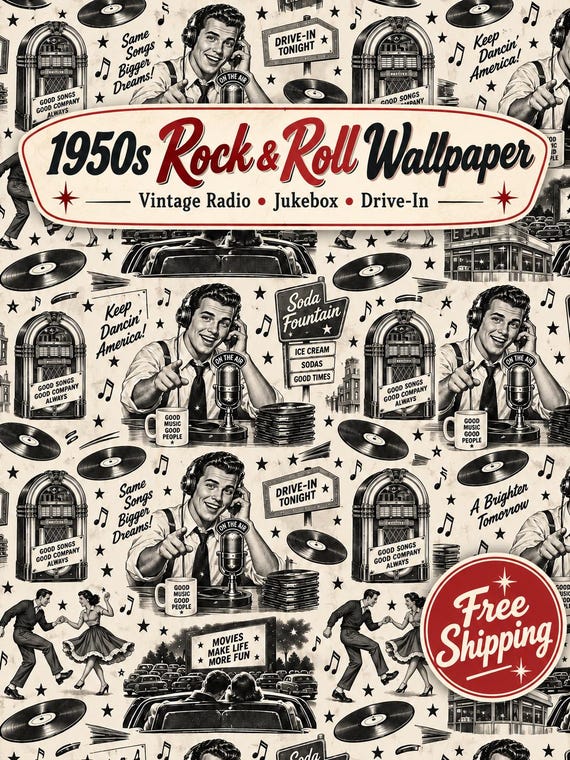 1950s Rock and Roll Wallpaper, Vintage Radio Jukebox Drive-In Pattern, Retro Music Room Decor