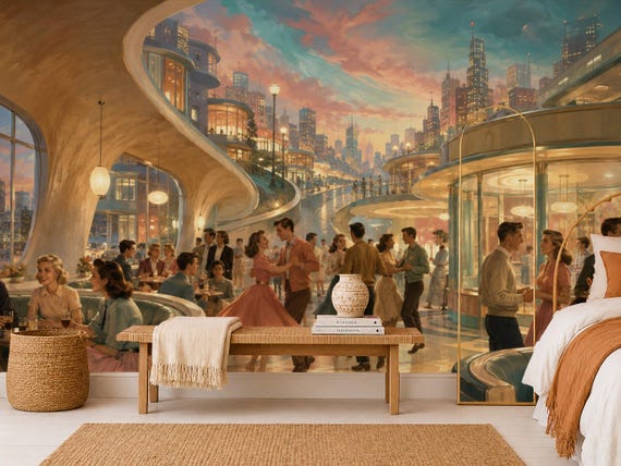 1950s Retro-Futurist Dance Scene Mural, Mid-Century Modern Architecture, Music Culture Wall Decor