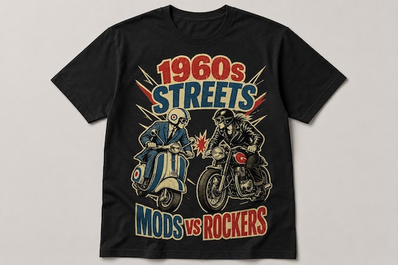 Mods vs Rockers T-Shirt, 1960s Street Rivalry, Vintage Scooter and Motorcycle Tee, 60s Style