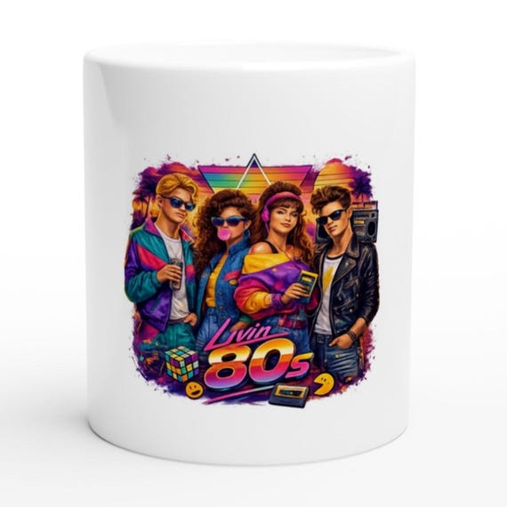 Retro 80s Ceramic Coffee Mug: Vibrant Nostalgia Illustration