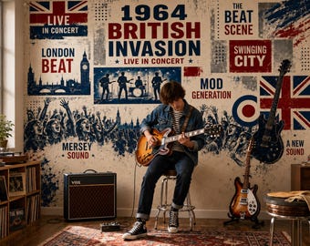 1964 British Invasion Wallpaper, Retro London Concert Mural, Vintage Music Room Decor