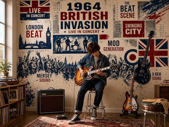 1964 British Invasion Wallpaper, Retro London Concert Mural, Vintage Music Room Decor