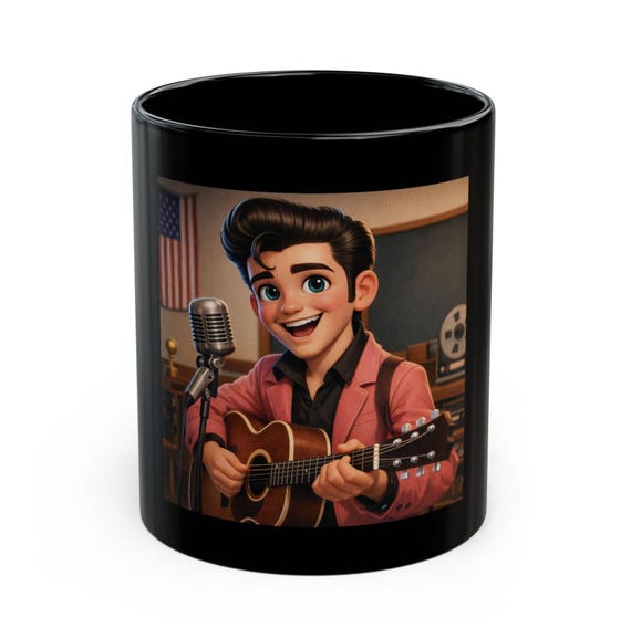 Rockabilly Kid Mug, Retro Guitarist Black Coffee Cup for Kids and Adults