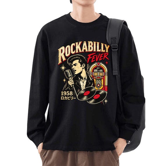 Rockabilly Long Sleeve Shirt, 1950s Retro Music Graphic, Black Cotton, Made in Japan