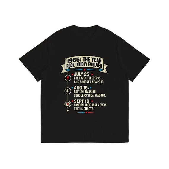 1965 Rock History T-Shirt, Black Cotton Unisex Timeline Design, Retro 60s Music Graphic