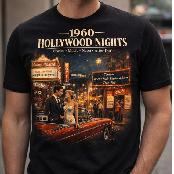 1960 Hollywood Nights T-Shirt, Retro Music Cinema Tee, 60s Style Graphic