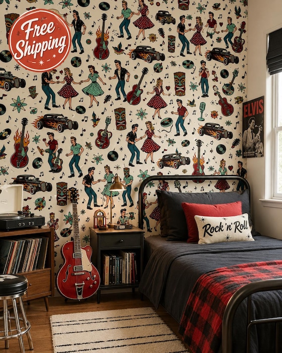 1950s Rock and Roll Wallpaper, Rockabilly Music Wall Decor, Retro Guitar Vinyl Pattern