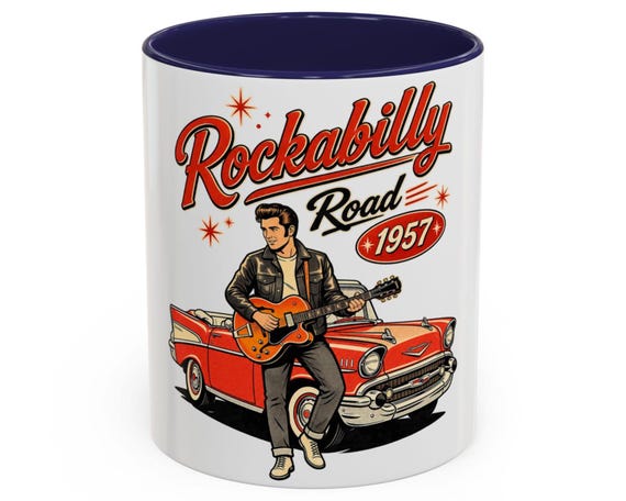 Rockabilly Road 1957 Guitar Greaser Mug | Accent Coffee Mug 11oz 15oz