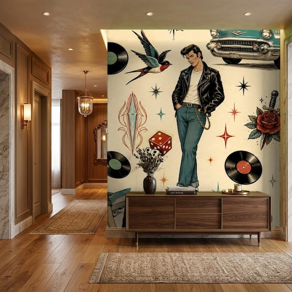 1950s Rockabilly Wallpaper Mural, Retro Music and Classic Car Decor, Peel and Stick Option
