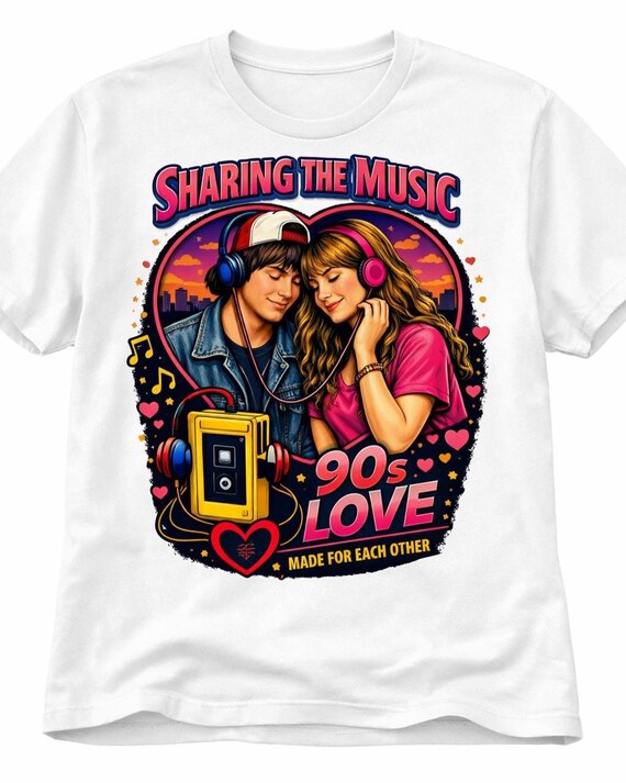 90s Couple T-Shirt – Retro Walkman Romance, Vintage Music Tee