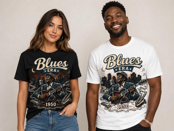 1950 Blues Era T-Shirt, Vintage Blues Music Graphic, Retro Guitar Print