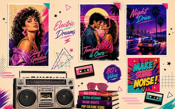 80s Pop Culture Collage Wallpaper Mural, Retro Music Room Decor, Neon Cassette Wall Art