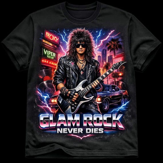 Glam Rock Never Dies Shirt Vintage Heavy Metal Tee Retro 80s Music Fan  Streetwear