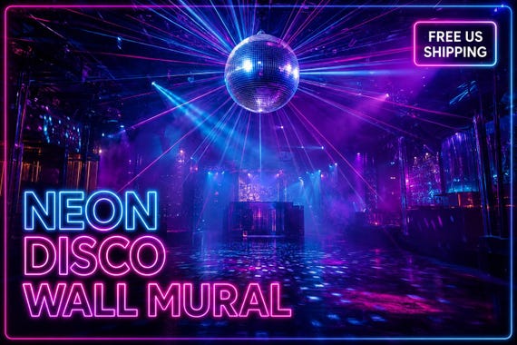Disco Ball Wallpaper, Neon Nightclub Wall Mural, Retro Music and Party Room Decor