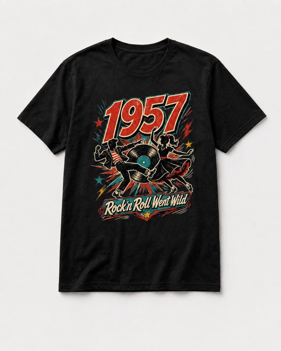 1957 Rock and Roll T-Shirt: Retro Dancer Graphic Tee, Rockabilly Concert Apparel