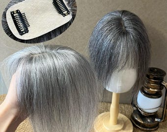 10in Gray Remy Hair Topper 2x4 Easy Wear Wig Bangs