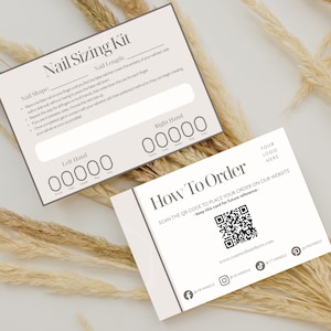 May include: Two rectangular white cards with black text. One card is a Nail Sizing Kit with instructions and spaces for finger measurements. The other card is a How To Order guide featuring a QR code, website URL, and social media icons.