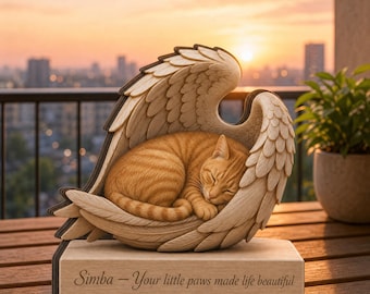Custom Dog Memorial Sleeping Angel Wings Statue, Personalized Pet Loss Wooden Sign, Rainbow Bridge Sympathy Gift