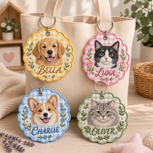May include: Four circular embroidered bag charms with scalloped edges, each featuring a pet portrait and a name. The yellow charm shows a golden retriever named Bella, pink shows a black and white cat named Luna, blue shows a corgi named Charlie, and green shows a grey tabby cat named Oliver, all decorated with floral accents.