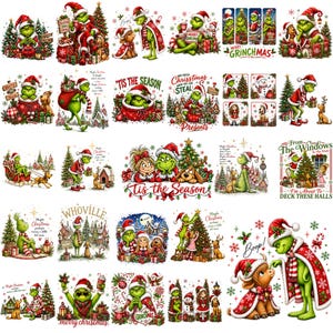 Könnte beinhalten: Eine Sammlung digitaler Illustrationen, die den grünen Grinch in verschiedenen Weihnachtsszenen mit einem Hund, einem jungen Mädchen, geschmückten Tannenbäumen, verpackten Geschenken und festlichem Text wie Merry Grinchmas und Tis the Season zeigen.