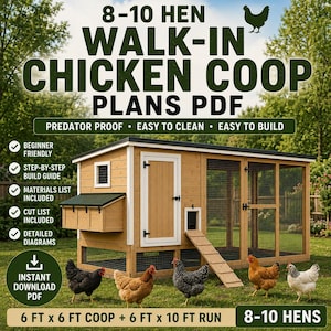 Puede incluir: Planos PDF digitales para un gallinero transitable de 8 a 10 gallinas. La estructura cuenta con revestimiento de madera marrón claro, techo verde oscuro, caja nido, rampa y un corral de malla metálica. El texto incluye 8-10 HEN WALK-IN CHICKEN COOP PLANS PDF, 6 FT x 6 FT COOP + 6 FT x 10 FT RUN.