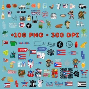 Puede incluir: Una colección de más de 100 gráficos digitales con temática de Puerto Rico, incluyendo banderas, ranas coquí, plantas tropicales, cafeteras, dominós y elementos de texto como Puerto Rico y Boricua, en archivos PNG de 300 DPI.