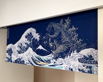 Godzilla noren curtain, Japanese tenugui valance curtain, tsunami fabric, wall decoration, wall tapestry japanese noren fabric, door curtain