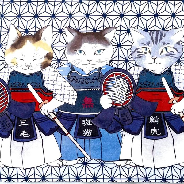 Kendo Cats Tenugui-stof, Japanse schattige katjes wanddecoratie, vechtsportbandana,