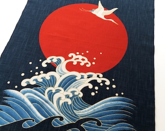 Japanese sun and cranes blue panel fabric that can be used as a wall tapestry or as a noren curtain, Japanese big wave tsunami panel fabric