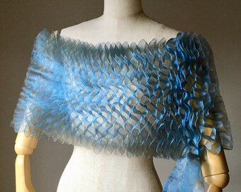 wedding organza ribbon stole, light Blue wedding shrug, formal dress solder cover, bridal shawl, wedding cape, bridal shoulder wrap bolero