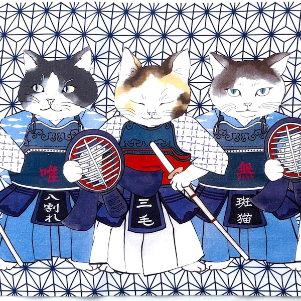 Kendo Cats Tenugui Fabric, Japanese kitty kawaii panel wall decoration, martial arts bandana,