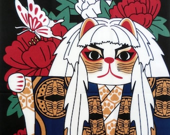 Japanese Tenugui cotton fabric Maneki neko lucky cats in the kabuki theatre, kimono yukata fabric, kawaii fabric,Tenugui, cat fabric
