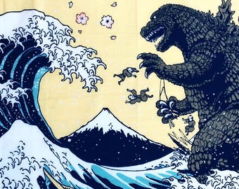 Godzilla tenugui japanese fabric, shin godzilla birthday party, godzilla wall decoration, kendo bandana,  martial arts, japan tsunami fabric