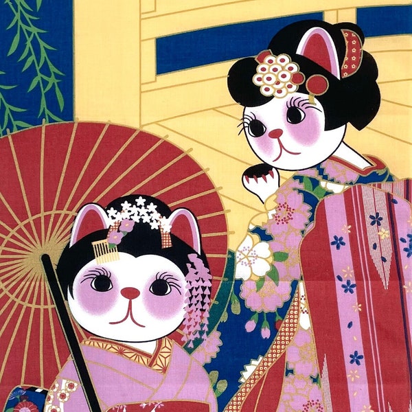 Japanese fabric, Tenugui Maneki-neko Fortune Cats, geisha cat in kimono fabric, kawaii fabric, cat tapestery, noren panel cat tea towel