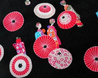 Japanese geisha and umbrellas black fabric cotton half a yard, japanese yukata cotton fabric, kawaii Maiko fabric, geisha girl in kimono