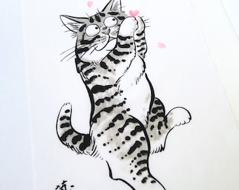 Japanese cat fabric Tenugui, black and white cat maneki neko fabric, tenugui kawaii fabric, Japanese fabric, cat noren, chat tissue