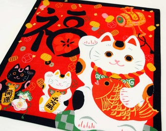 Tessuto avvolgente in cotone gatto Maneki neko, tessuto in tessuto furoshiki giapponese, tessuto kawaii, tessuto kimono yukata giapponese, borsa eco furoshiki