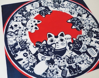 Tessuto giapponese furoshiki manekineko, tessuto avvolgente in cotone per gatti, tessuto kawaii, borsa ecologica furoshiki gatti fortunati, molti gatti rossi e blu